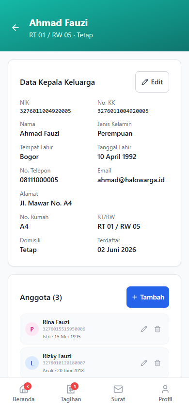 Screenshot fitur Data Keluarga — Mobile