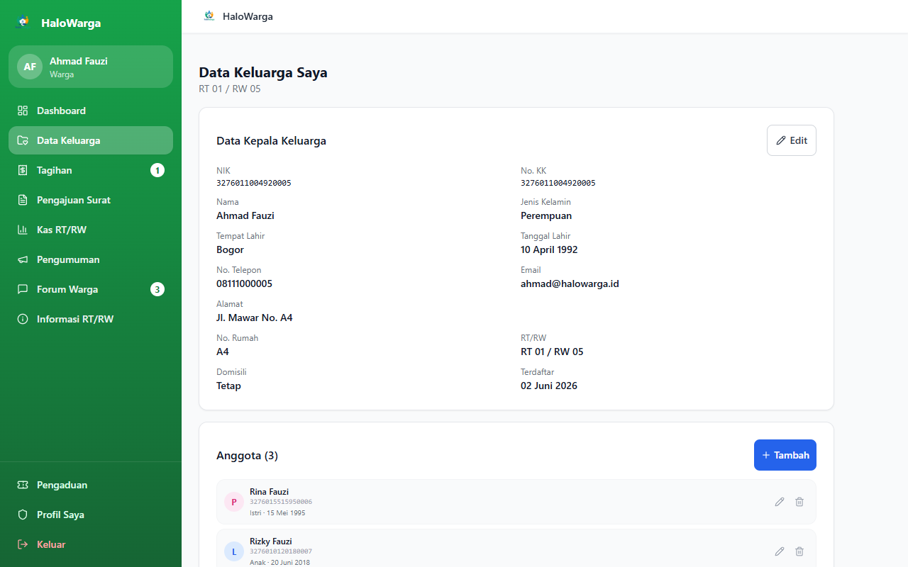Screenshot fitur Data Keluarga — Desktop