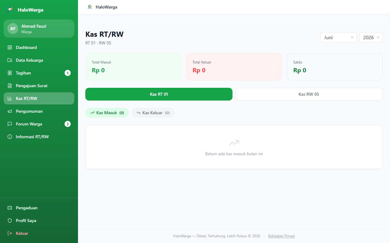 Screenshot fitur Kas RT/RW — Desktop