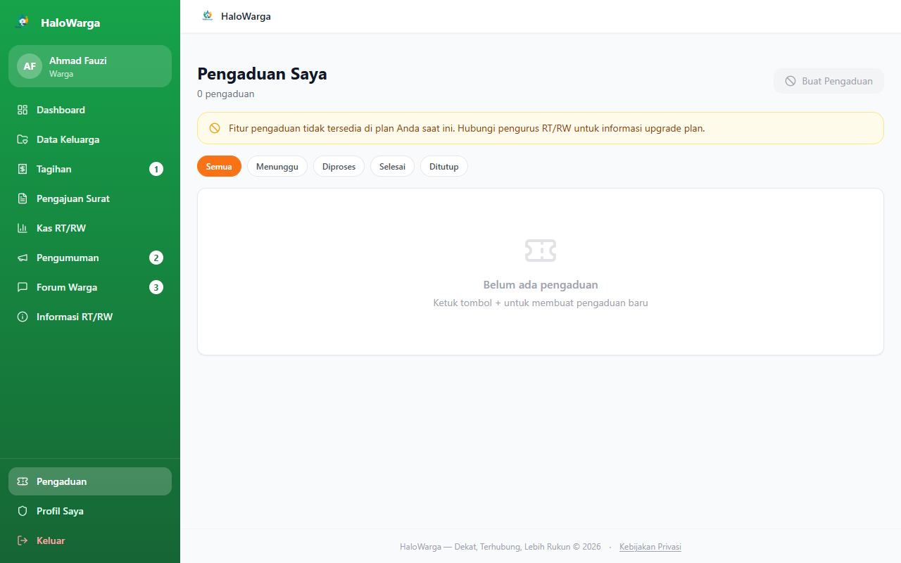 Screenshot fitur Pengaduan — Desktop