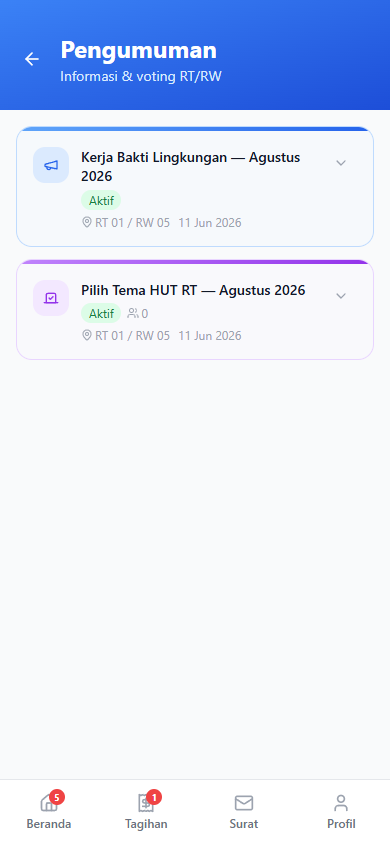 Screenshot fitur Pengumuman & Voting — Mobile