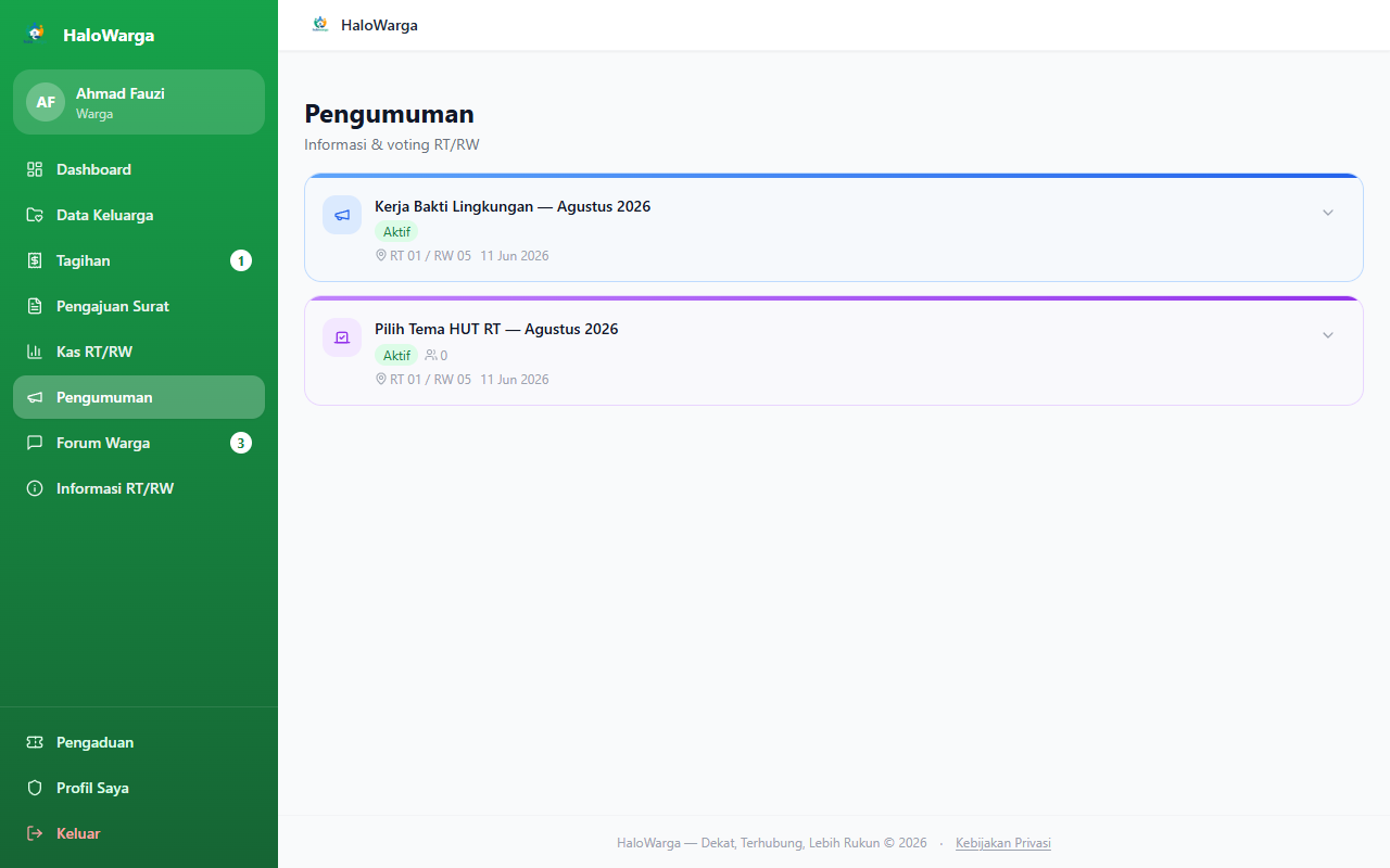 Screenshot fitur Pengumuman & Voting — Desktop