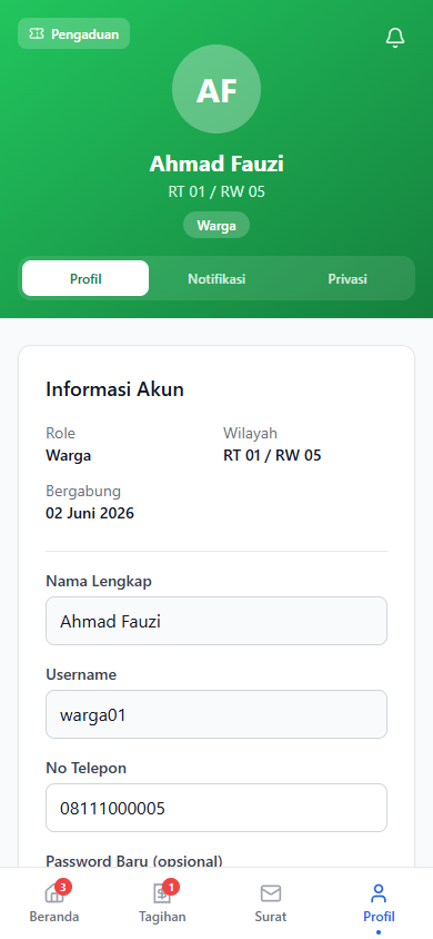 Screenshot fitur Profil — Mobile