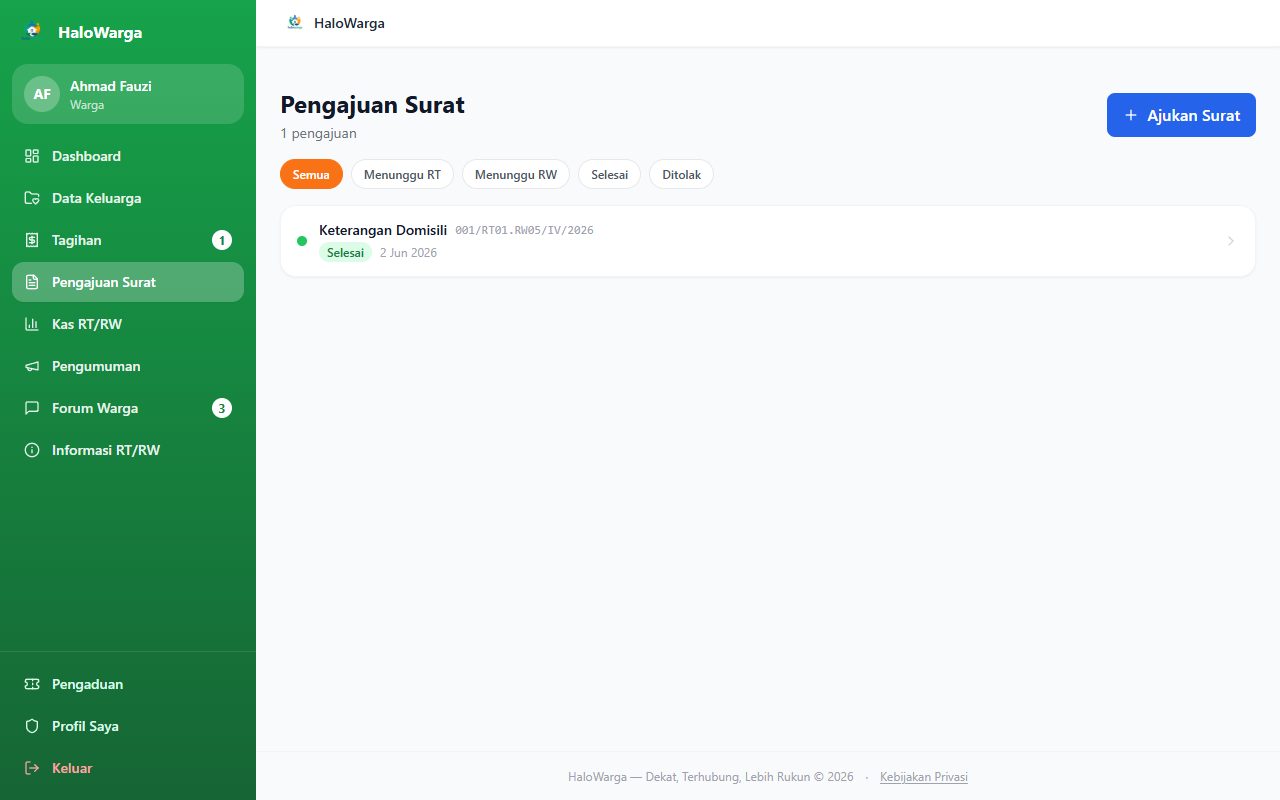 Screenshot fitur Pengajuan Surat — Desktop