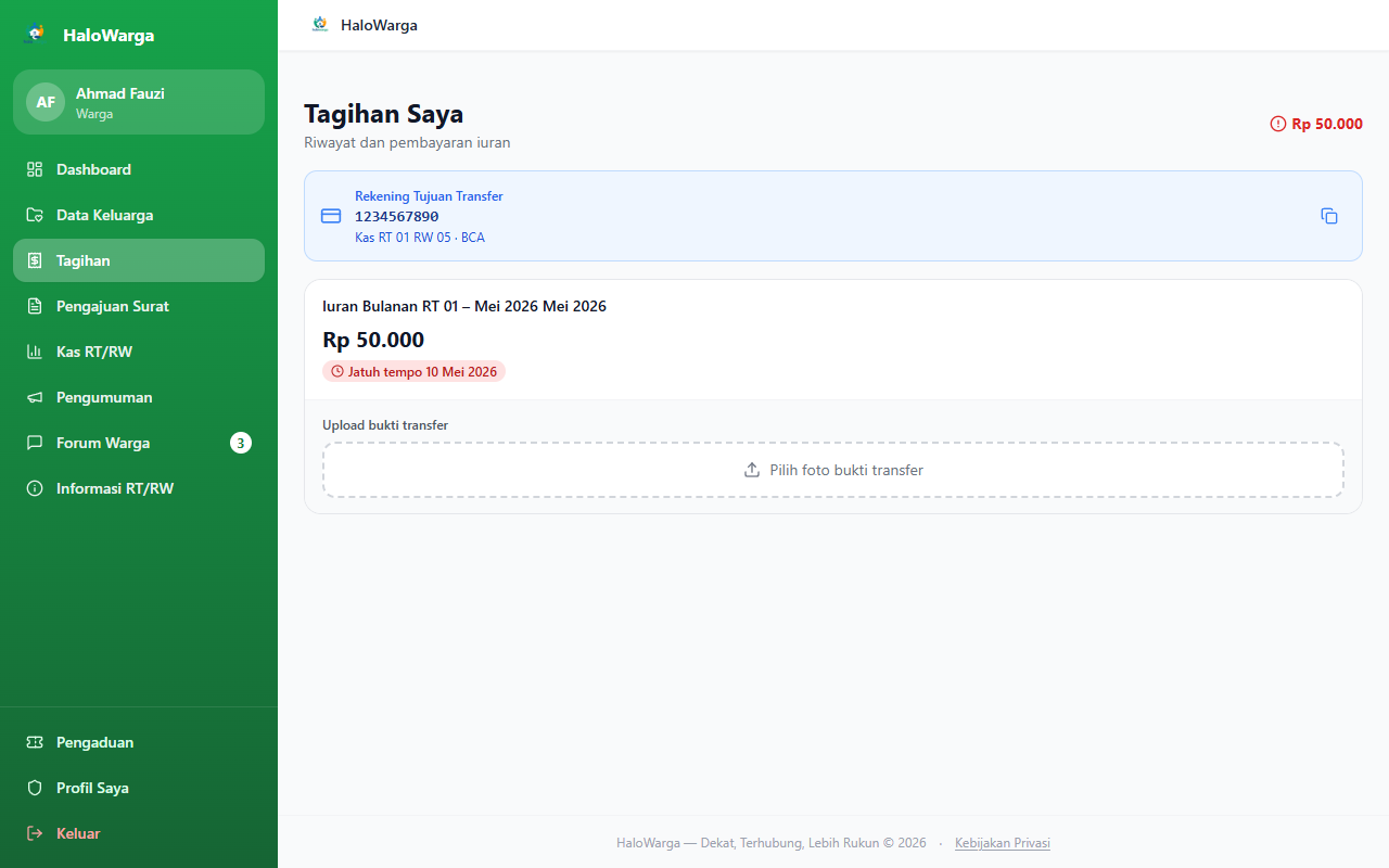 Screenshot fitur Tagihan & Iuran — Desktop
